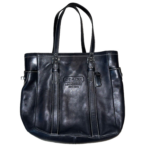 Coach Hamptons Tote 8E92 Black Smooth Leather Shoulder Bag Shopper Tote Bag - Picture 8 of 14